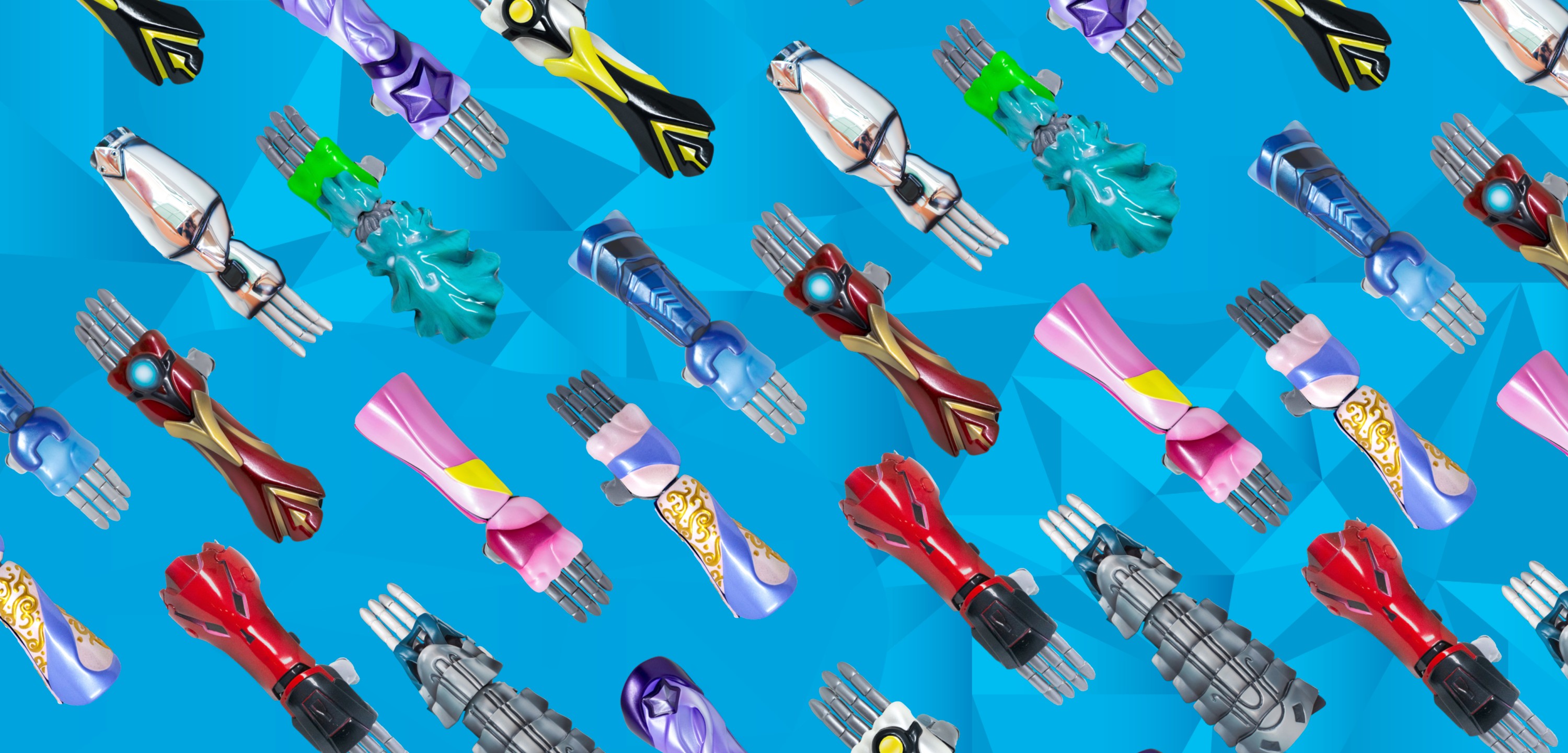 Limbitless' LinkedIn banner, which features many unique Bionic Arms in a grid layout